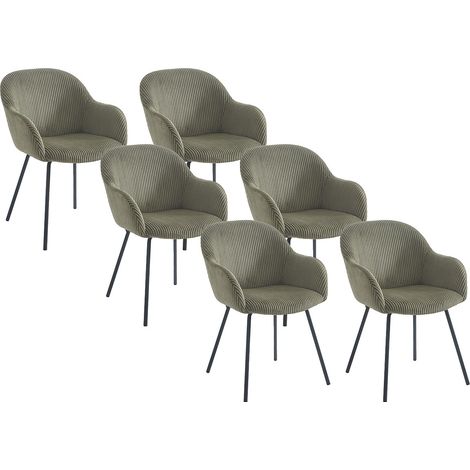 Vente-Unique – Lot de 6 chaises avec accoudoirs en velours côtelé – Métal noir – Kaki – Garnissage mousse polyuréthane – Hauteur d'assise 50 cm