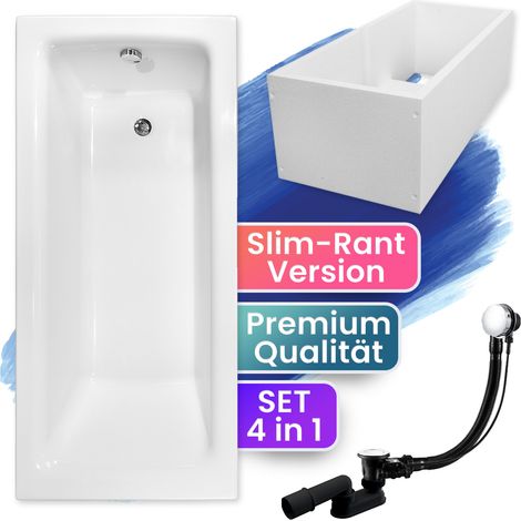 Badewanne Rechteck 150x70 mit Wannenträger, Ablaufgarnitur & Füßen GRATIS - Komplettset 4in1 Original Acryl Wanne Siphon - BADLAND TALIA SLIM (1/5)