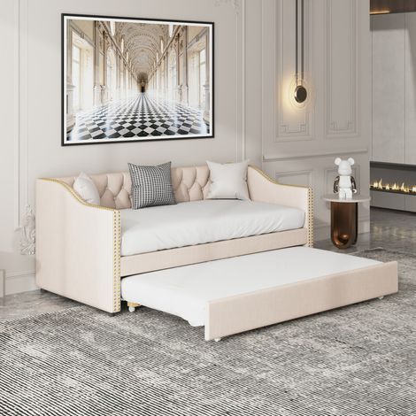 Canapé Lit 2 Places Convertible 90/180x200cm,Lit gigogne avec sommier à Lattes,Lits canapé 2 Personnes Extensible, Lits Pliant, Fonction de Couchage, sans Matelas,Beige (1/5)