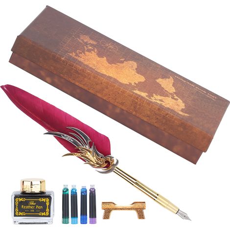 Feather Pen Calligraphy Writing Vintage Set Metal Retro Dip Quill Kit with Ink Sac SP270Burgundy (1/5)
