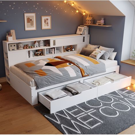 Bett mit Stauraum MDF Weiß 140x200 cm mit Lattenrost, Schubladen, Regalen und Schiebetürschrank (1/5)