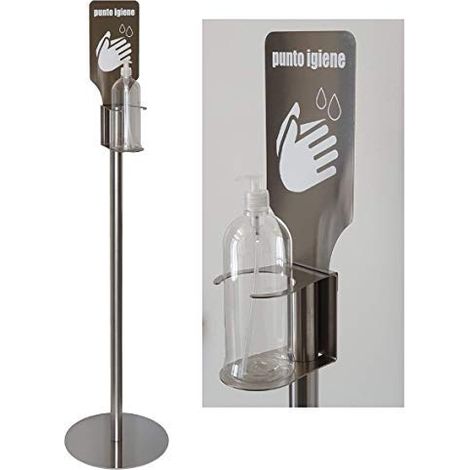Kit Punto Igienizzazione Mani, Acciaio Inox AISI304, Supporto Gel Disinfettante foro Ø 90 mm oppure Dispenser Contac-less PCDL, Base 300 x 300 mm, H 1500 mm