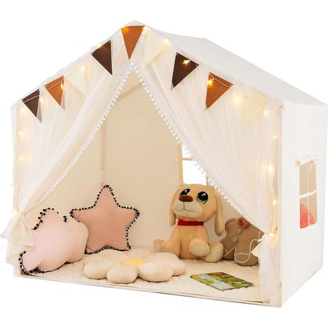 COSTWAY Tenda da Gioco per Bambini, Tenda Castello per 3-4 Bambini con Tende in Tessuto e Rete Luci a Stella e Finestre, Materassino in Cotone, per Bambini 3 Anni+, 146x96x133 cm