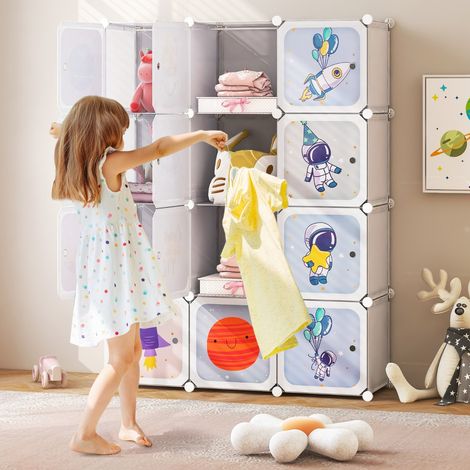 Armoire Portable pour Enfants 12 Cubes avec 2 Sections Penderie Organisateur de Rangement pour Enfants pour Chambre D'enfant Blanc (1/2)