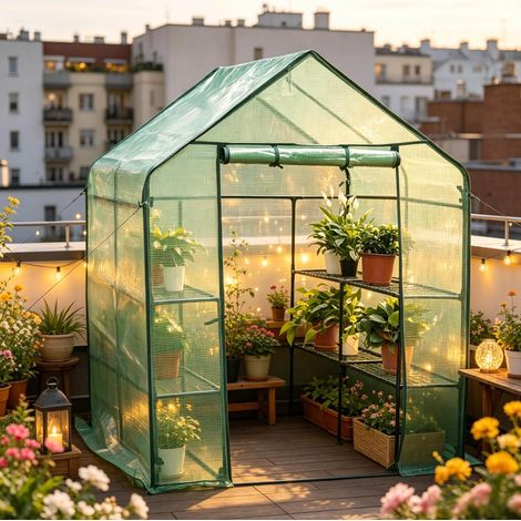 Serre de jardin 143x143x195 cm en acier et PE vert avec porte zippée, pour terrasse – MEUBLIV (1/5)