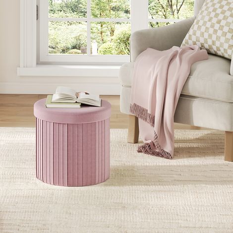 WOLTU Sitzhocker, Sitzbox mit Stauraum und Deckel, Rund Sitztruhe, faltbar Polsterhocker, Fußhocker Aufbewahrungsbox, aus Velvet MDF, φ38xH36 cm, Rosa