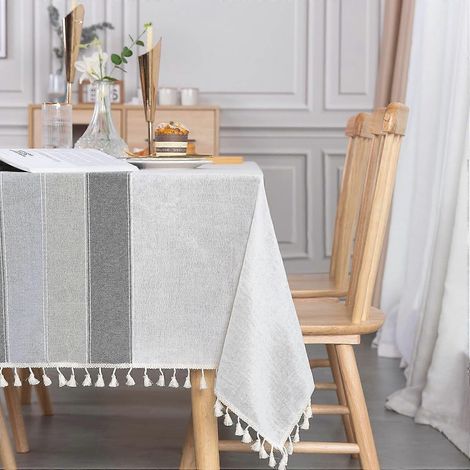 Nappe rectangulaire en coton et lin gris, 140 x 240 cm, à franges, idéale pour la décoration de la table de la cuisine ou de la salle à manger. (1/5)