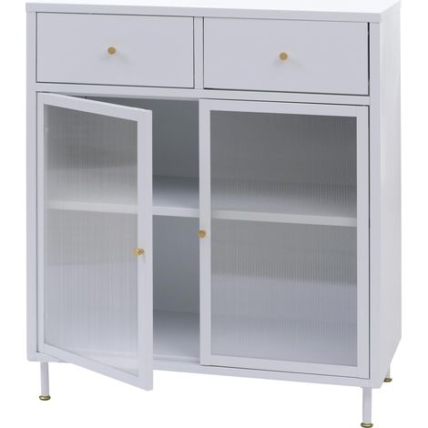 Commode HWC-O87, armoire, buffet haut, compartiments de rangement, tiroirs, métal industriel, verre osier, 96 x 80 x 40