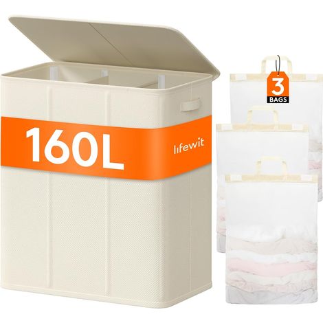 Panier à Linge avec Couvercle, Grand Corbeille à Linge avec Poignées, Bac Linge Sale avec Sacs Amovibles, Bac Pour Chambre, Salle de Bain, Buanderie, 3 Compartiments, 160 L, Blanc (1/5)