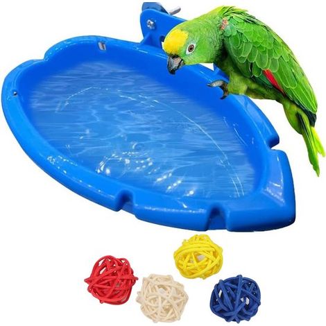 Vasca da bagno a forma di gabbia per uccelli. Piccola vasca sospesa, ciotola per bere e ciotola per il cibo (blu). Include quattro palline di rattan (colori casuali). (1/5)