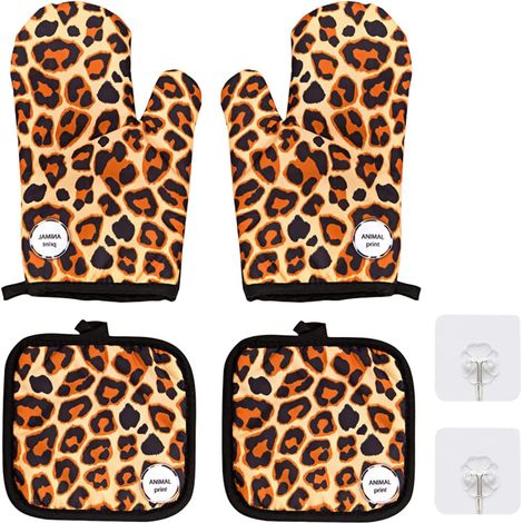 Gant Cuisine à Pizza en Coton Double Épaisseur Gants de Cuisson à Micro-Ondes à Imprimé Léopard avec Crochets (2 Gants + 2 Tampons Isolants) (1/5)