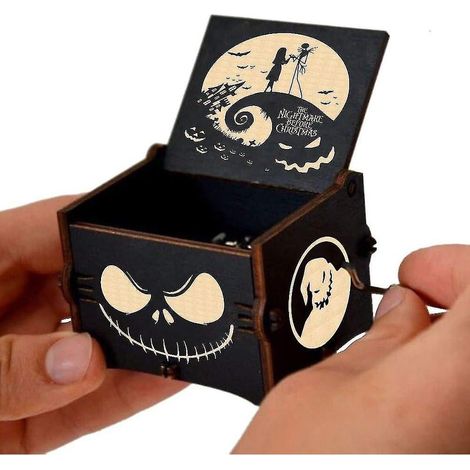Belle boîte à musique en bois gravé pour Halloween, jouet à manivelle vintage inspiré de L'Étrange Noël de Monsieur Jack, coffret artisanal décoratif pour collectionneur (1/4)