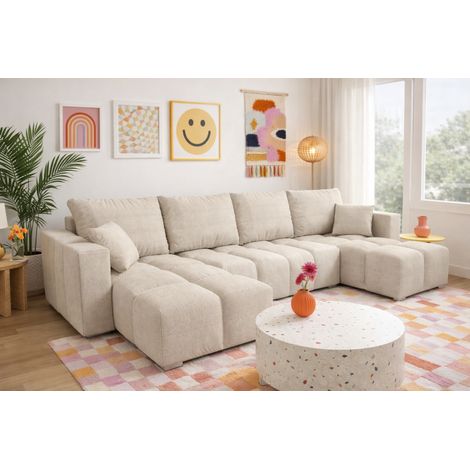 Canapé panoramique convertible COLINIO en tissu - 6 places - 325 cm - Beige (1/4)