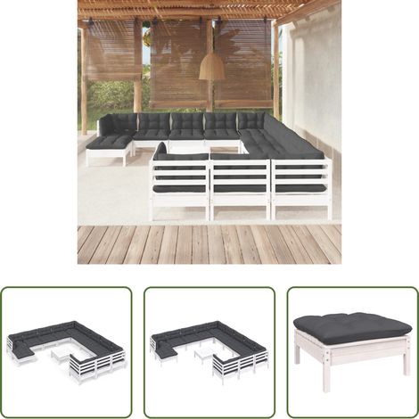 Holzgartenmöbel -  13-tlg. Garten-Lounge-Set mit Kissen Weiß Kiefernholz (1/5)