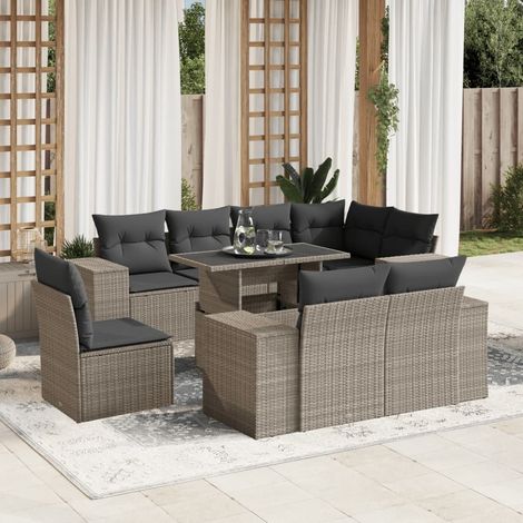 Set muebles jardín 9 pzas y cojines ratán sintético gris claro vidaXL (1/5)