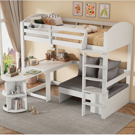 Lit mezzanine enfant 90/200 cm blanc en bois massif avec bureau coulissant et canapé de rangement (1/5)