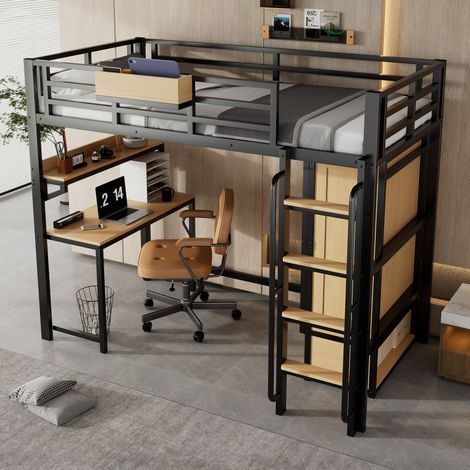 Kinder-Hochbett 90 x 200 cm mit Schreibtisch, Schrank und Stauraum, schwarz/natur HAVRYA (1/5)