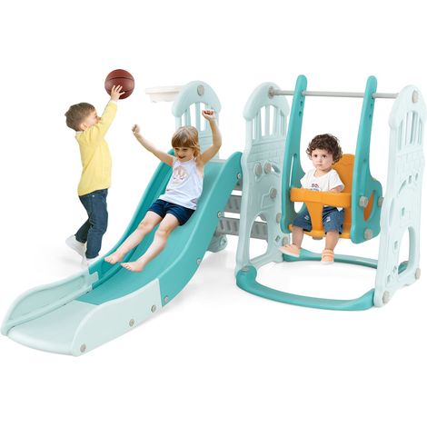 COSTWAY Toddler Slide and Swing Set 4-in-1 Indoor Playground w/Extra-long Slide (1/5)