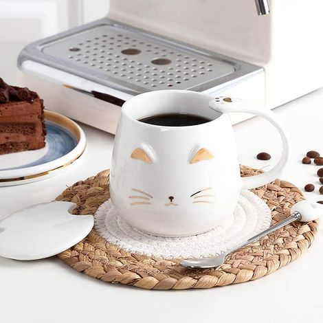 Keramiktassen mit Katzenmotiv, Tasse mit Katzenmuster, niedliche Keramik-Kaffeetasse mit niedlichem Katzendeckel, Edelstahllöffel (weiß) (1/4)
