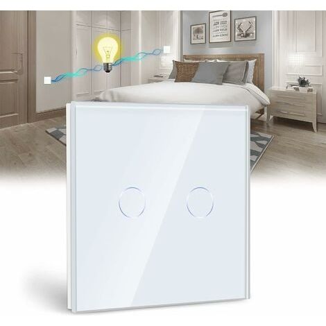 Interruptor táctil, blanco, de 2 vías y 2 unidades, con pantalla LED, panel de cristal con sensor táctil, sin cable neutro. (1/5)