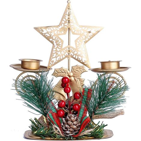 Porte-bougies de Noël, centre de table en métal avec baies rouges et pommes de pin pour la décoration de table de Noël (1/5)
