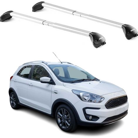 OMAC Barres de toit transversales certifiées TÜV pour Ford Ka+ Active 2018-2021 – Verrouillables (4 antivols) – Charge max 100 kg – Sangle inox + protection caoutchouc Argent (1/4)