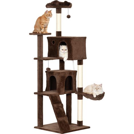 Arbre à chat à griffer 180 cm avec plateformes, lit, 2 niches, hamac, échelle, poteaux en sisal marron (1/5)