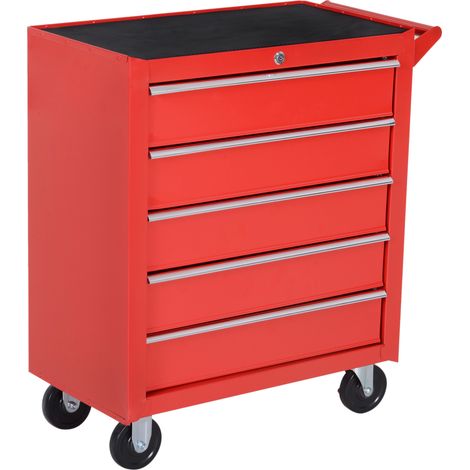 Chariot d'atelier roulant avec 5 tiroirs sécurisés, 2 clés, acier, 69 x 33 x 75 cm, rouge (1/5)