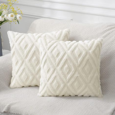 Taie d’oreiller douce en fausse fourrure 16x16 taie d’oreiller décorative en velours de laine courte en peluche - Taie d’oreiller de canapé de salon - Ensemble de 2- Blanc crème