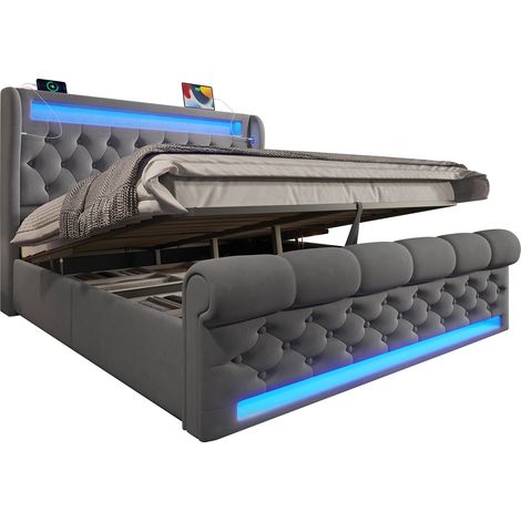 Lit capitonné moderne double 140x200, LED, tête coffre USB Type-C, lit coffre hydraulique, gris, velours, matelas non inclus, pour chambre adulte, gain de place (1/5)
