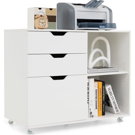 Goplus – Caisson bureau à roulettes en bois – 3 tiroirs et étagère réglable – Support d'imprimante mobile pour dossiers A4 – Dimensions 81x40x66,5cm (Blanc) (1/5)