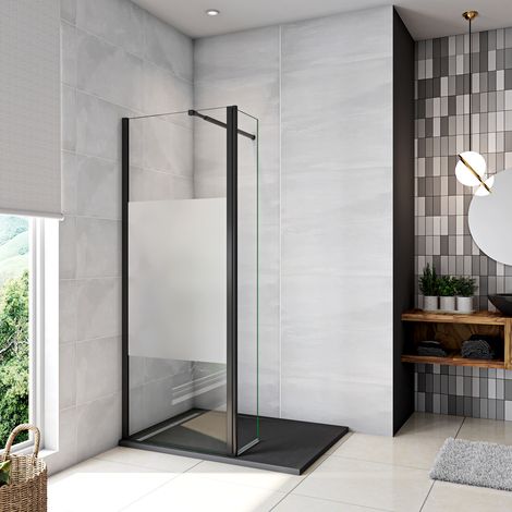Walk in Doccia 160x200cm Due Pareti (120+40) Vetro 8 mm Temperato Anticalcare Antifrantumi Fascia Opaca Barra Stabilizzatrice 73-120 cm Nera Opaca (1/5)