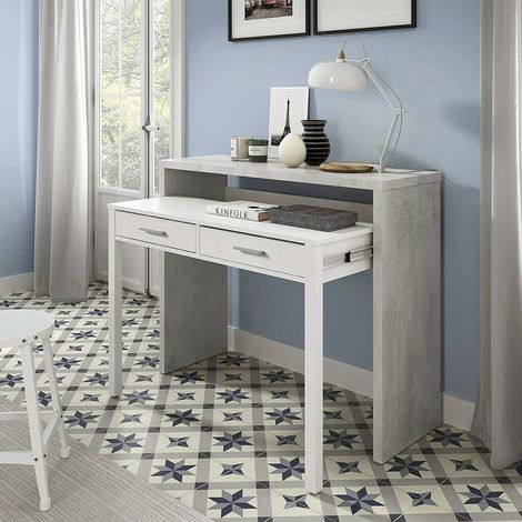 Dmora Table console Billings, Bureau avec plateau extensible, Bureau PC avec 2 tiroirs, cm 99x36h88, Ciment et blanc, avec emballage renforcé (1/5)