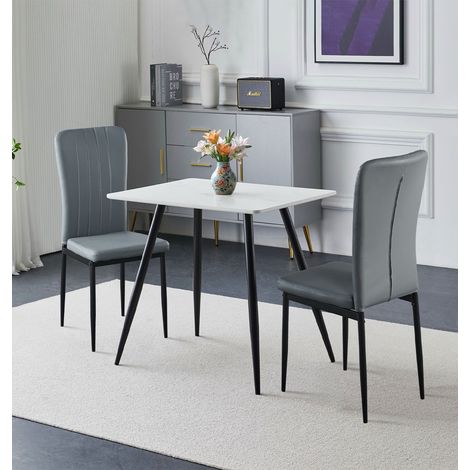 Hallowood Furniture Cullompton Small Dining Table and Chairs Set 2, (0.8m) White Marble Effect Kitchen Table and Chairs in Grey Faux Leather Upholstery and Metal Legs, Dining Set for Home & Café (1/5)