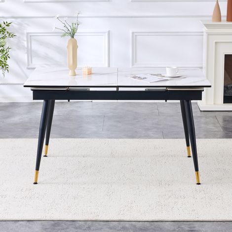 Table à manger extensible en céramique, piètement métal noir et pieds dorés, longueur 140 à 200 cm, table uniquement sans chaises (1/5)