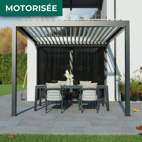 Pergola Bioclimatique Aluminium Adossée Motorisée Éclairée 3x3 Anthracite SV ORIAL France (1/5)