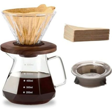 Manuelle Filterkaffeemaschine, 600-ml-Kanne aus Borosilikatglas mit 100 Papierfiltern der Größe 02, Griff und Deckel aus Walnussholz. (1/5)