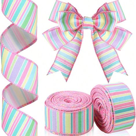 2 rouleaux de ruban métallisé printanier aux tons pastels de Pâques – Ruban décoratif en toile rose à rayures, pour fêtes, emballages et loisirs créatifs (1/5)