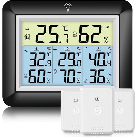 Thermometre Interieur Exterieur Sans Fil avec 3 Capteurs, Thermomètre et Hygromètre avec Rétroéclairage, Portée 100M, Enregistrement MIN/MAX, Précision Haute pour Maison, Jardin, Noir (1/5)