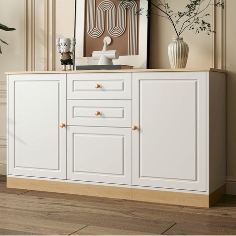 Buffet de rangement à 3 portes et 2 tiroirs, blanc et bois, pour salon et salle à manger, meuble bas multifonction avec poignées arrondies, 135,5 cm-FLORAGRACE (1/5)