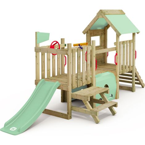 Wickey – Aire de jeux en bois pour enfants – Toboggan 120 cm – 2 plateformes à 60 cm – Table de pique-nique intégrée – Résistant aux intempéries