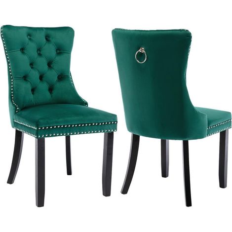Lot de 2 chaises de salle à manger en velours vert, dossier haut, pieds bois massif (1/5)