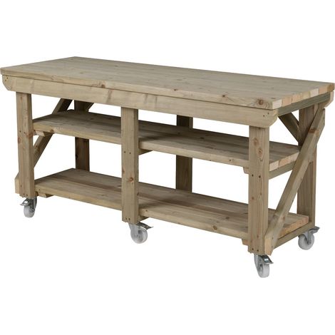 Indoor/outdoor workbench pressure treated station (H-90cm, D-64cm, L-210cm) double shelf and wheels