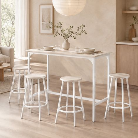 Ensemble table de bar et 4 tabourets, 5 pièces, style industriel, plateau en bois clair, structure en métal blanc, gain de place, pour cuisine et salle à manger – CHICFURN (1/5)