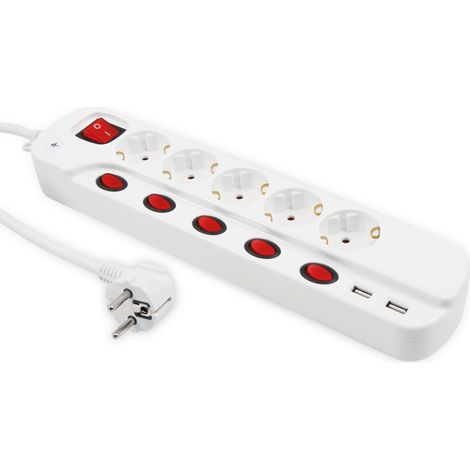 Multiprise MCPOWER, 5 prises, 2 ports USB, commutation individuelle, 1,5 m de câble, blanc (1/2)
