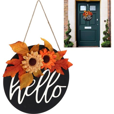 Türanhänger aus Holz, Thanksgiving-Design, Halloween-Dekoration, Bastelarbeit, dekorativer Anhänger mit künstlichen Blumen, Ahornblatt und Sonnenblume (1/5)
