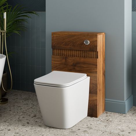 Fluted 500mm Bathroom Back to Wall BTW Toilet WC Pan Seat Cistern Unit Walnut (1/5)