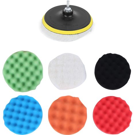 Kit d'outils comprenant un polisseuse en éponge de 15 cm, des disques de polissage en laine et des tampons de lustrage.