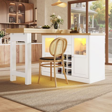 Table de salle à manger extensible avec éclairage LED 3 couleurs, 120-197 cm, pivotante à 360°, avec espace de rangement et casier à vin, blanc/noir, charge maximale 60 kg (1/5)