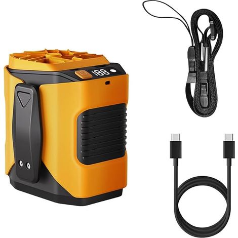 Ventilatore portatile arancione da vita, ventilatore da collo indossabile con velocità regolabile, torcia, display digitale e ricarica USB. (1/5)